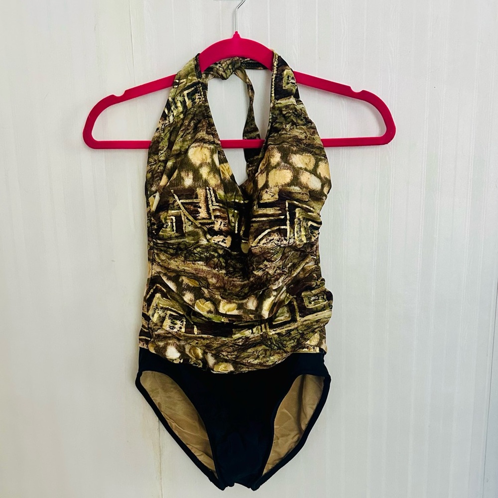 TravelSmith Gold and Black Aztec One Piece Swimsuit